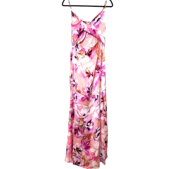 Liquorish ASOS Formal Satin Twist-Front Maxi Dress Pinks Cutout Slit Sz 8 NWT - Picture 2 of 16